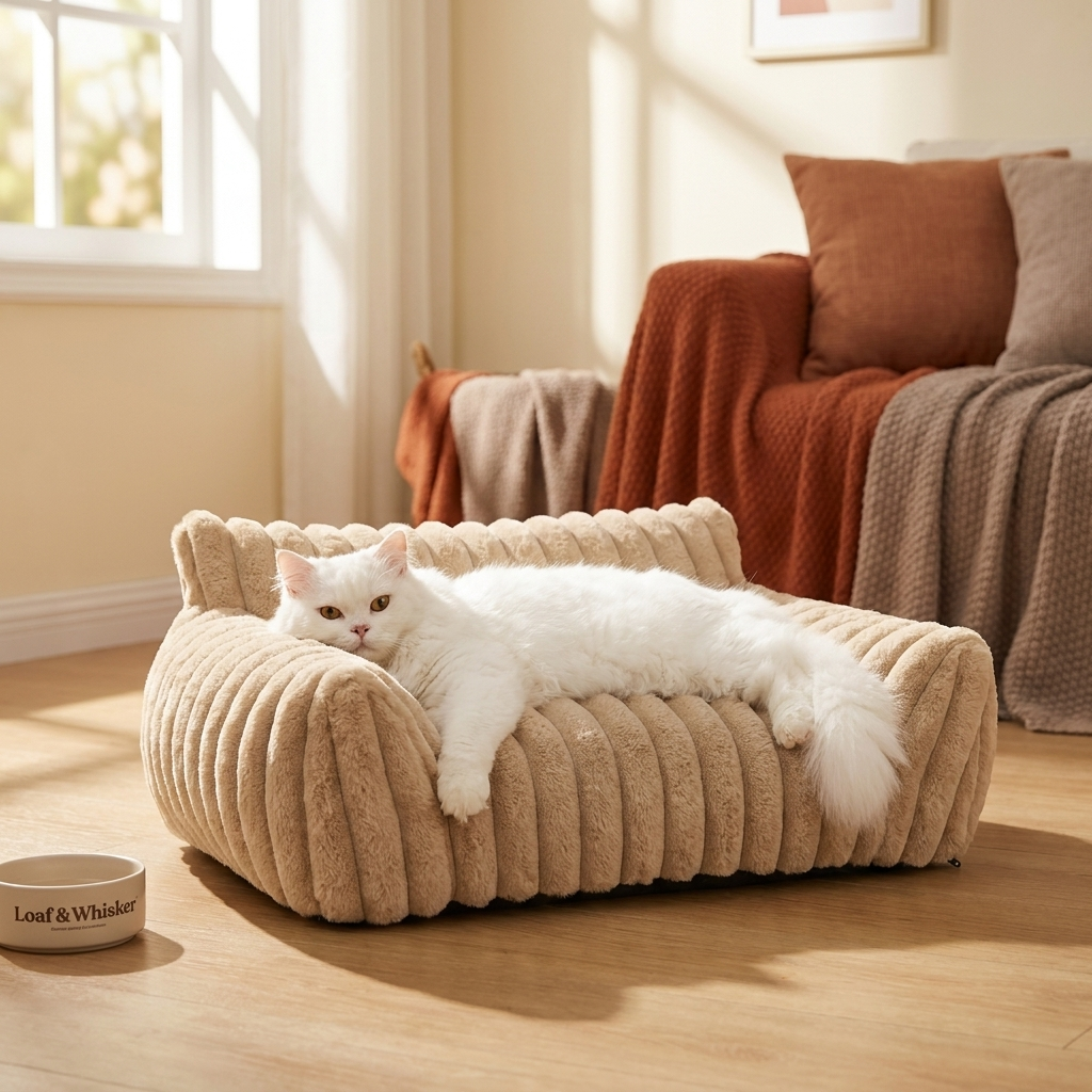 The Corduroy Lounger pet sofa in golden-hour light with a lounging cat — Loaf & Whisker