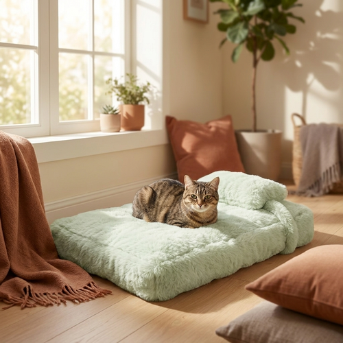 The Calming Loaf Mat by a sunny window with a content loafing cat — Loaf & Whisker