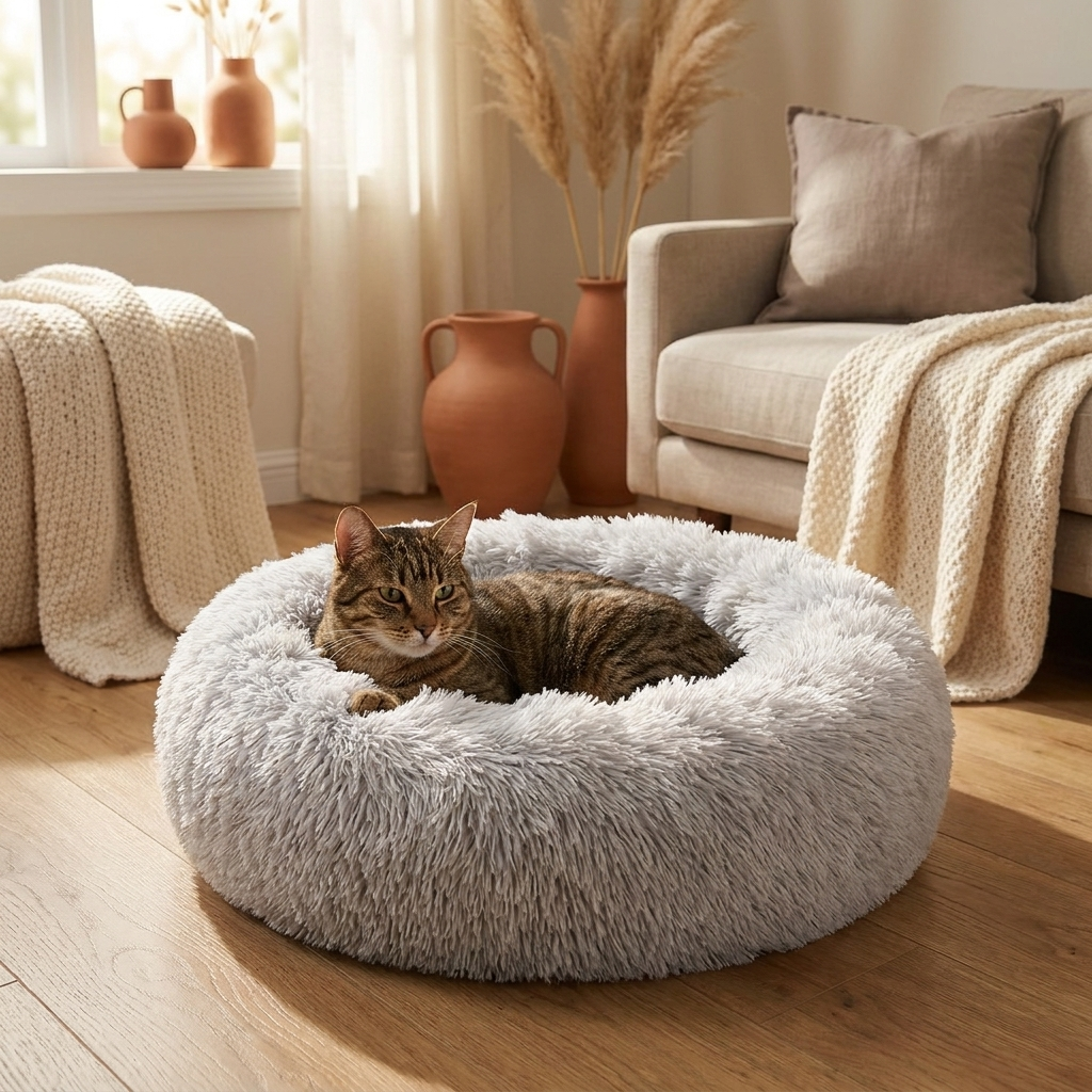 The Cloud Loaf Bed with a brown tabby loafing in a warm sunlit living room — Loaf & Whisker