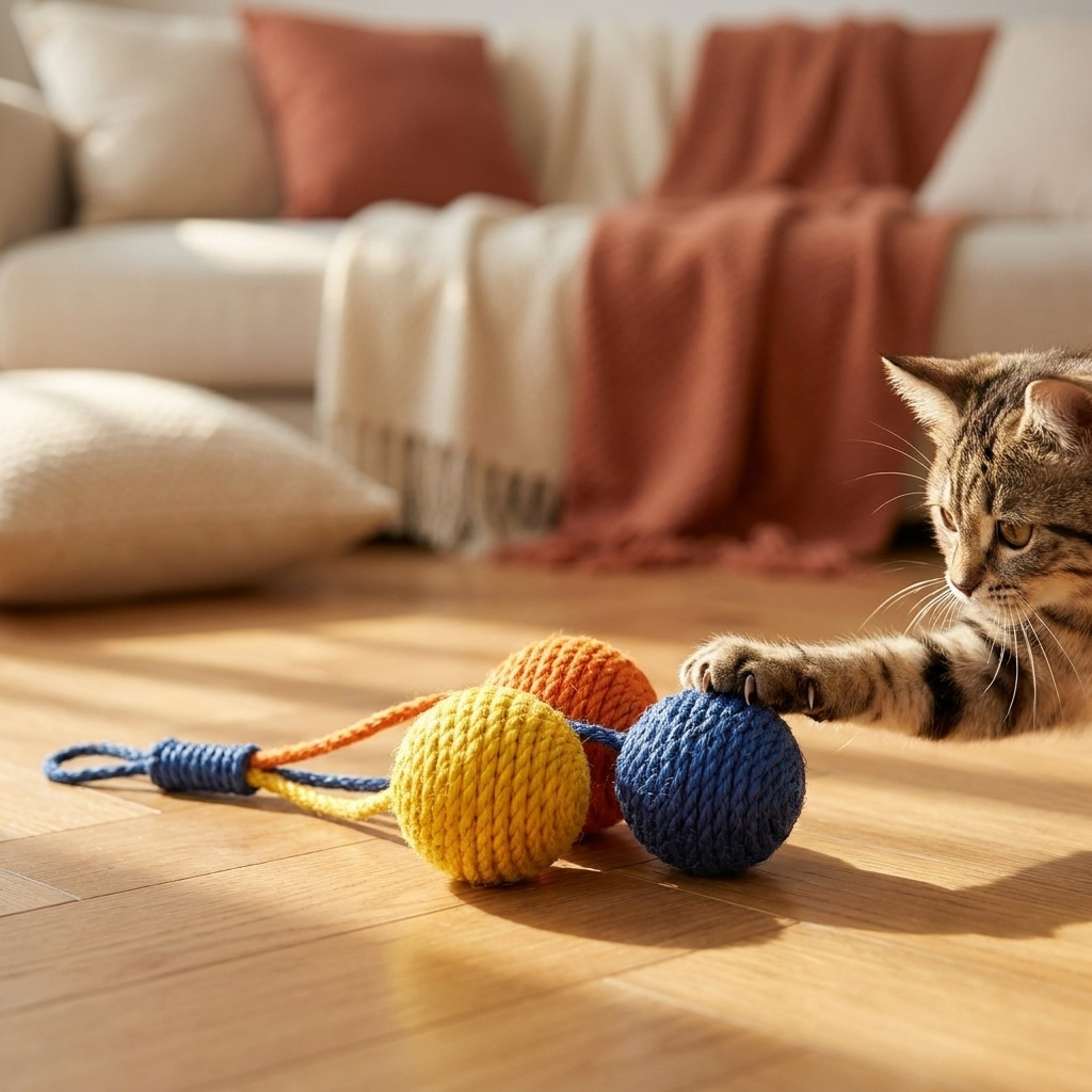 The Sisal Swat Ball on a warm wood floor with a cat paw reaching in — Loaf & Whisker