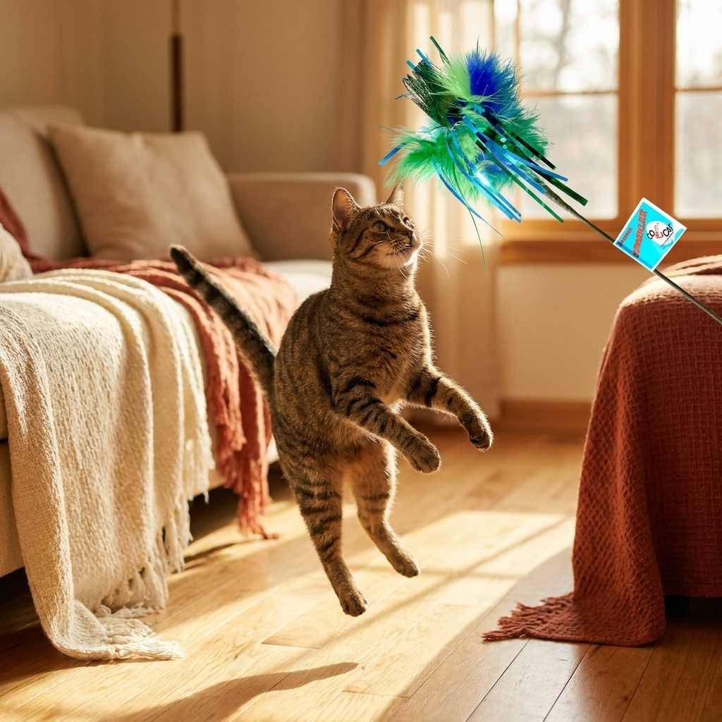 The Peacock Teaser with a tabby mid-leap in a sunlit living room — Loaf & Whisker