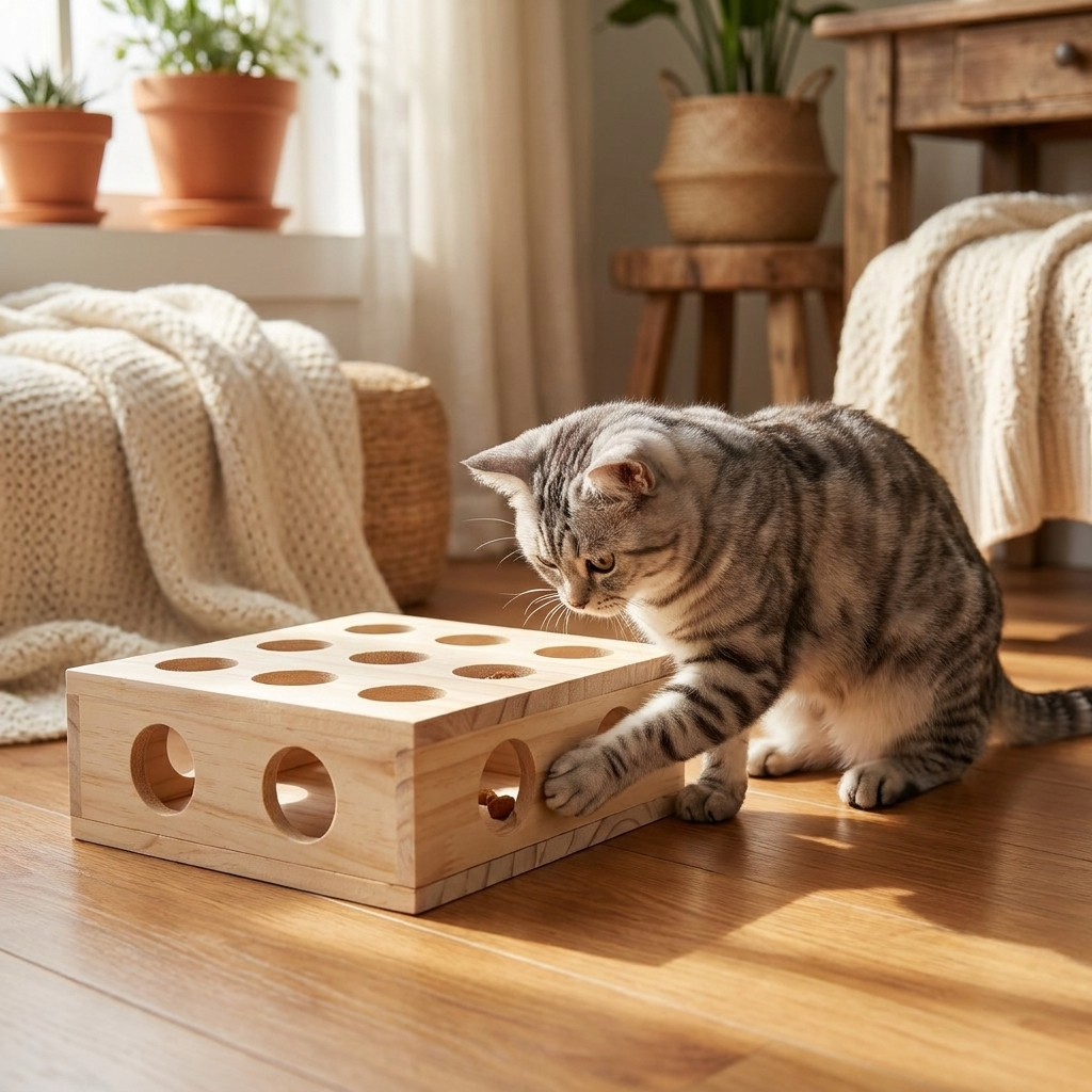 The Puzzle Den wooden treat maze with a focused cat fishing for a treat — Loaf & Whisker