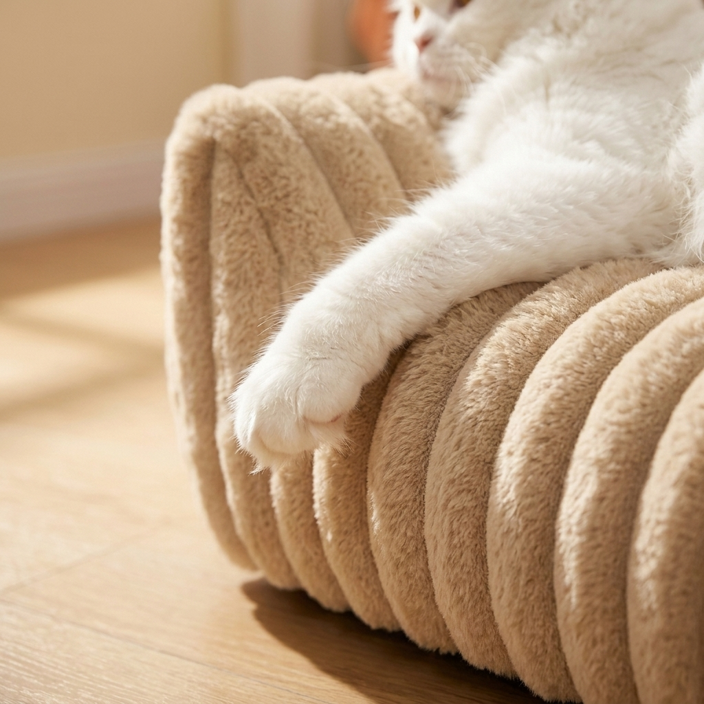 The Corduroy Lounger close-up of corduroy ribbing, cat paw draped over armrest