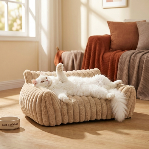 The Corduroy Lounger, cat sprawled on its back completely relaxed