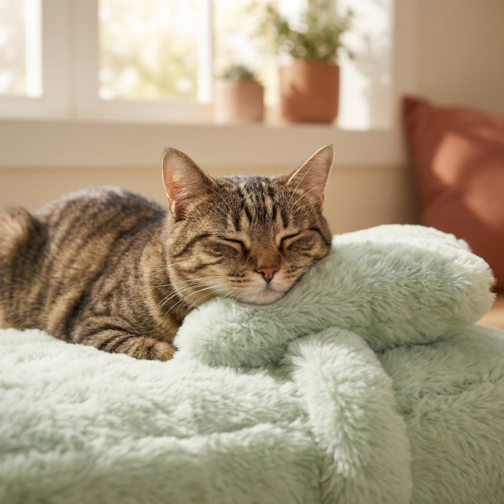 The Calming Loaf Mat close-up, cat's chin resting on the built-in pillow