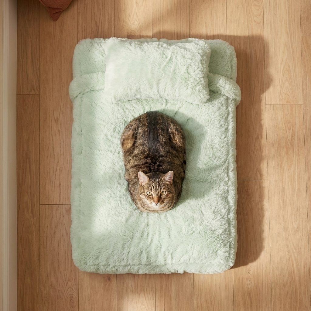 The Calming Loaf Mat overhead view, cat loafing dead-center with paws tucked