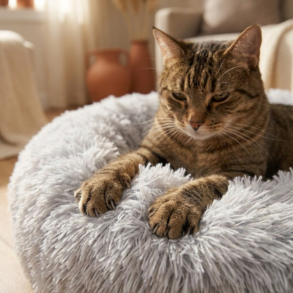 The Cloud Loaf Bed close-up, tabby making biscuits in the faux fur