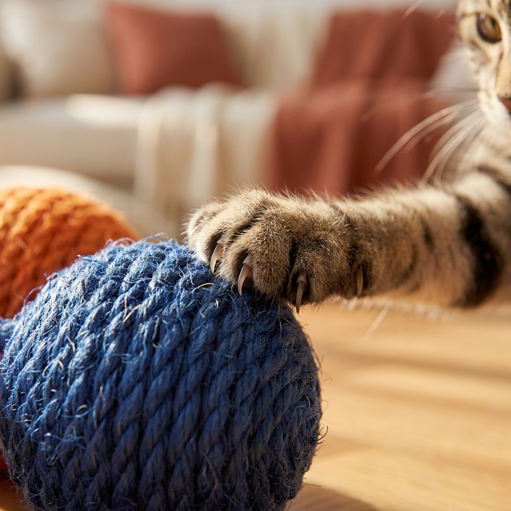 The Sisal Swat Ball close-up, cat paw mid-swat on the woven rope