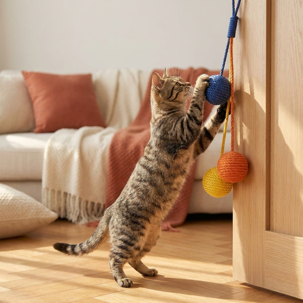 The Sisal Swat Ball hanging from a doorframe, cat reaching up to bat it