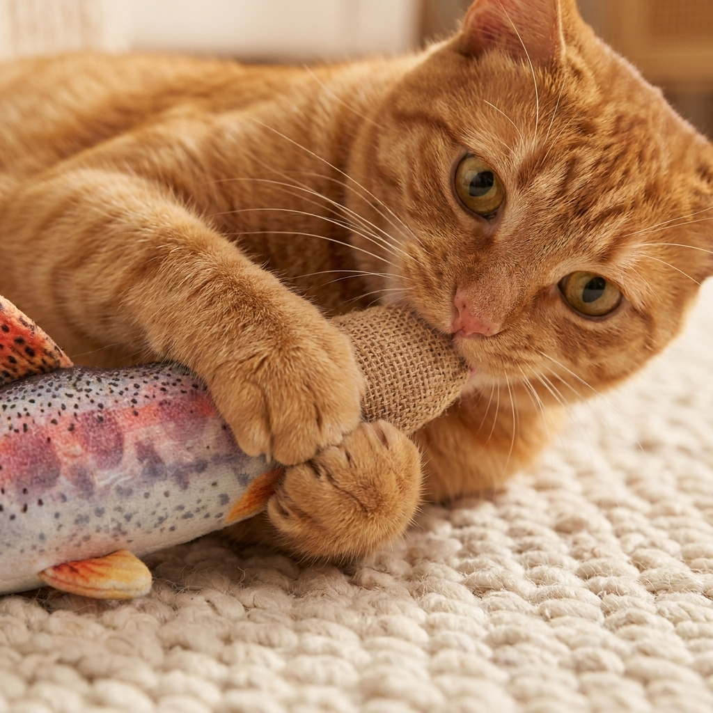 The Trout Kicker close-up, cat mid-bite on the plush fish tail