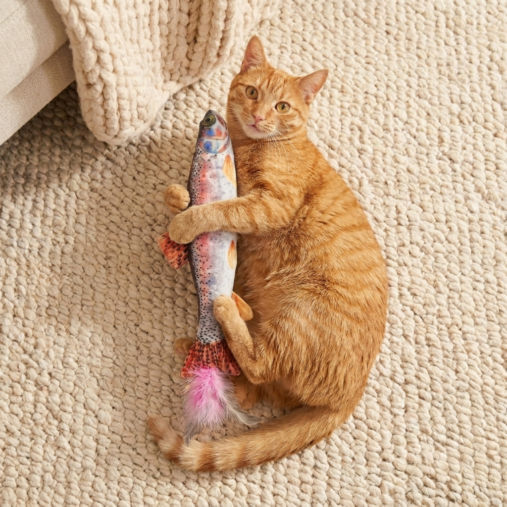 The Trout Kicker overhead view, cat hugging the fish with all four paws