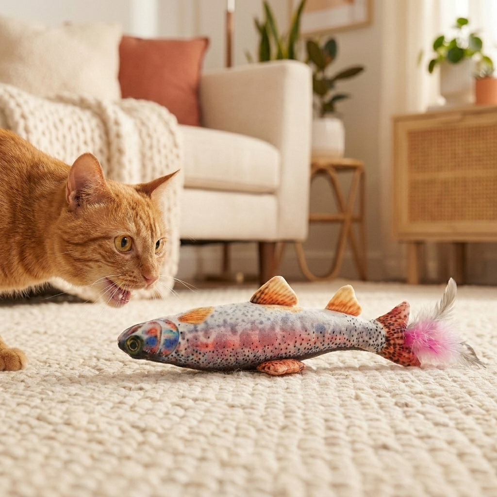 The Trout Kicker styled on the rug, cat locked on and about to pounce