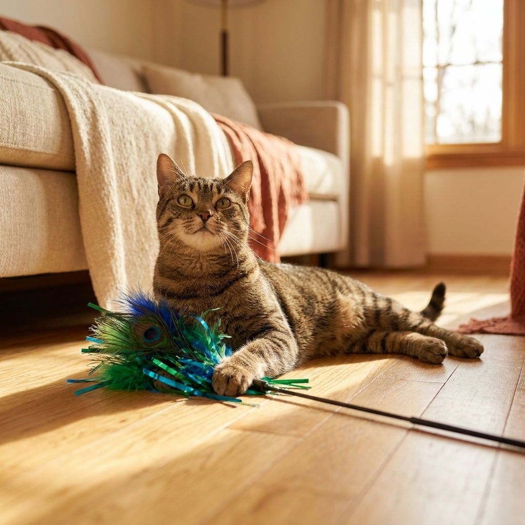The Peacock Teaser aftermath, victorious cat with the feather pinned under its paws