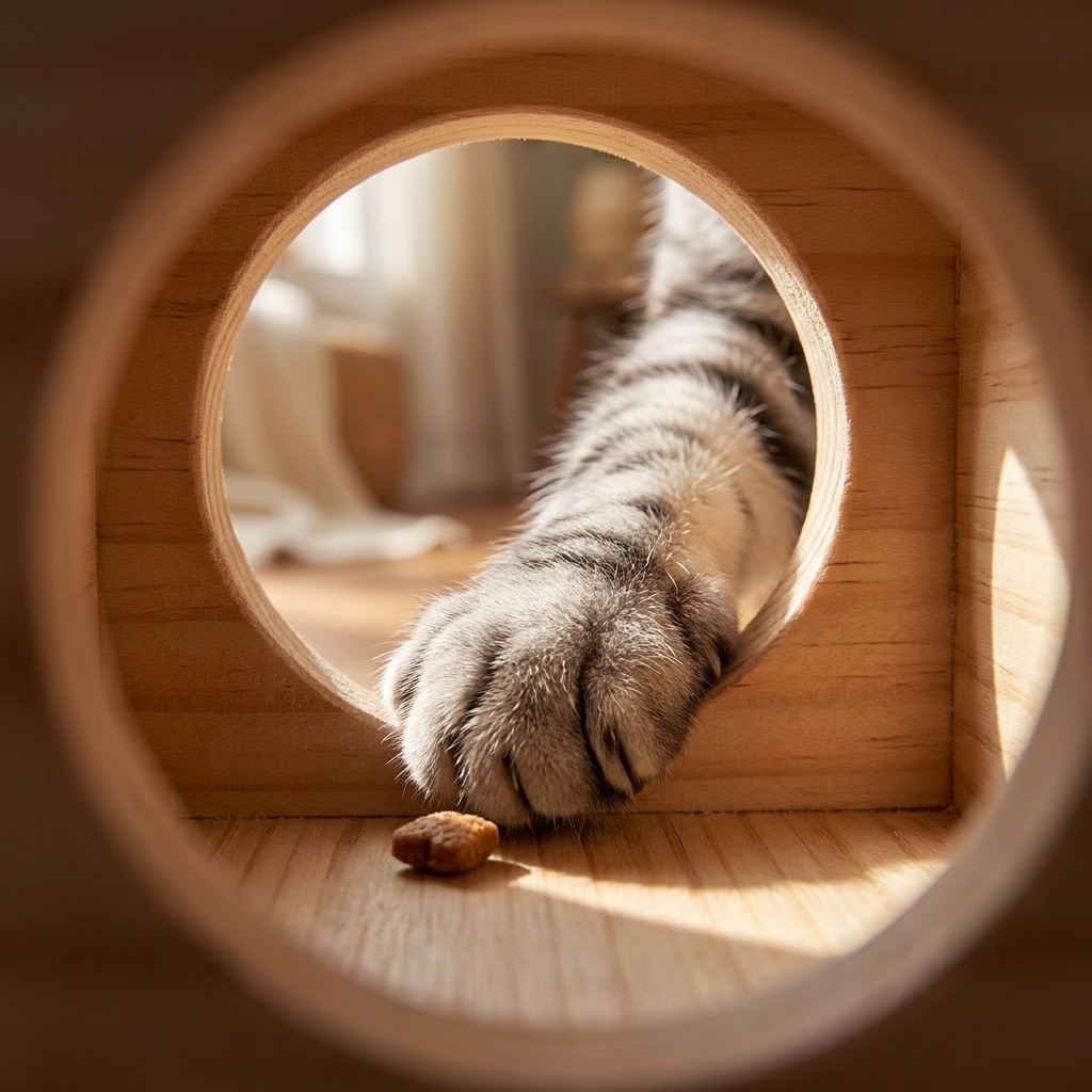 The Puzzle Den close-up through a hole, cat paw reaching for a treat
