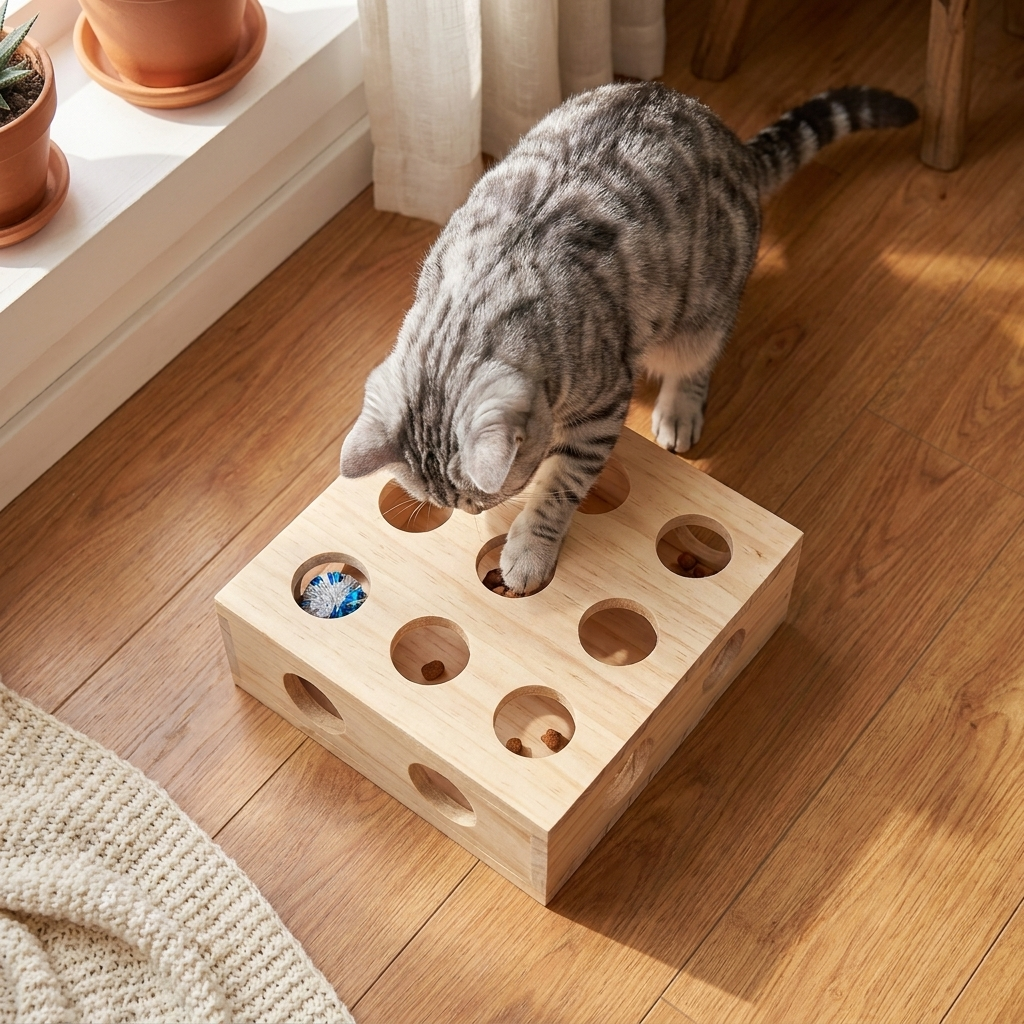The Puzzle Den overhead view with treats in the holes, cat mid-fish