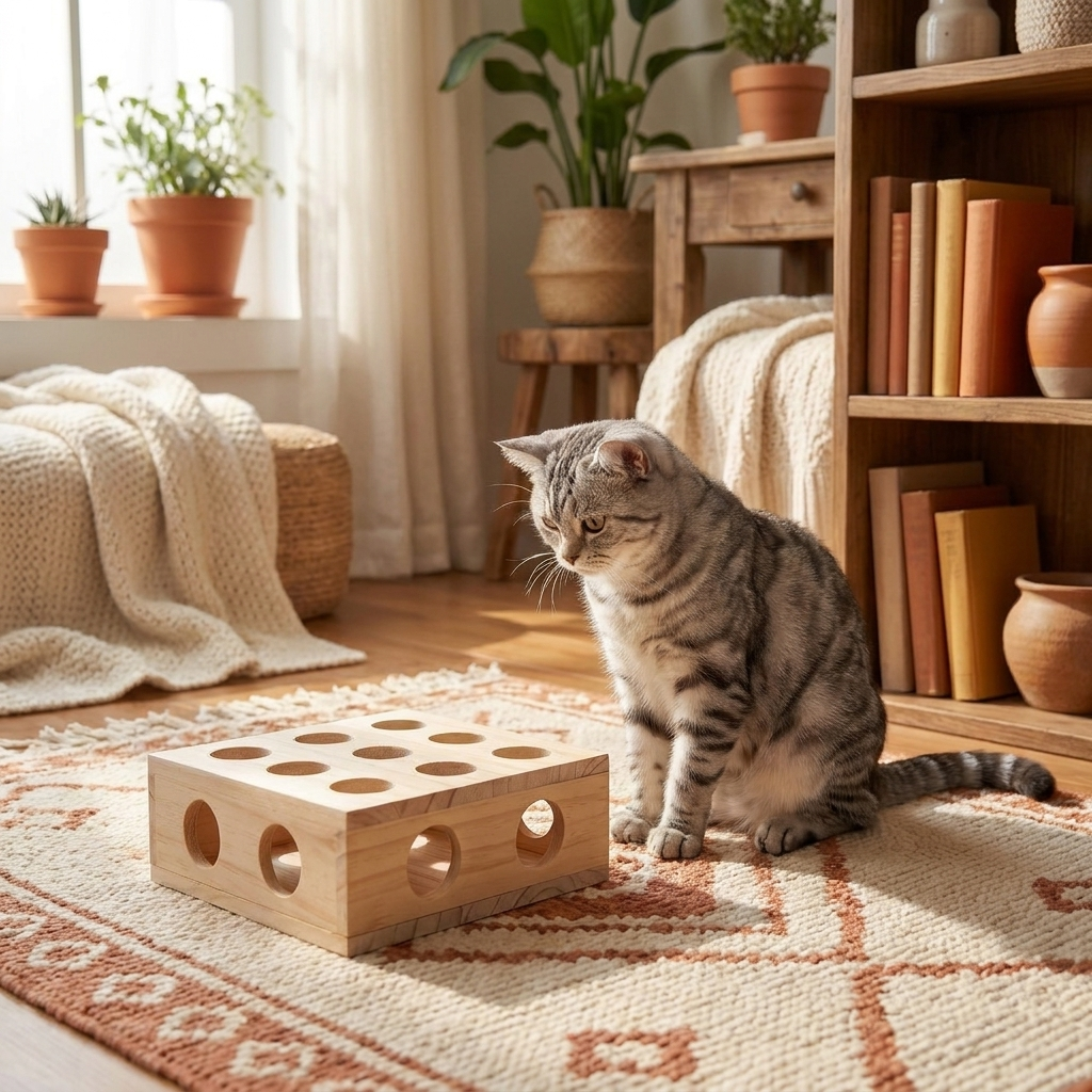 The Puzzle Den in the living room, cat studying the box like a chess player