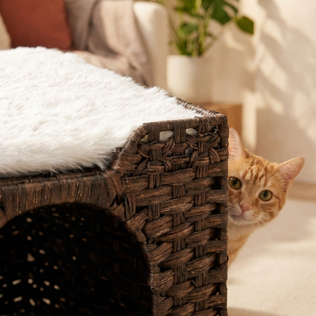 The Rattan Hideaway close-up of the weave and cushion, orange tabby peeking around the side