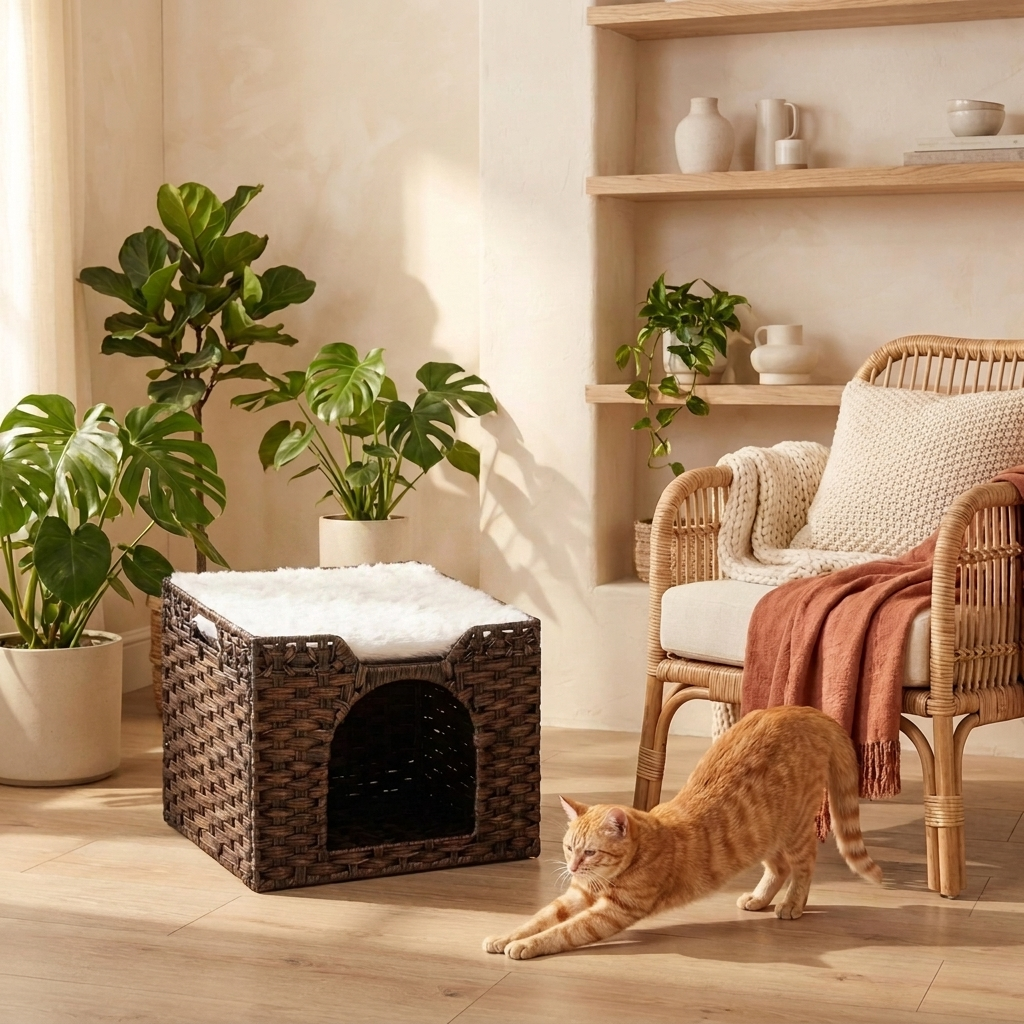 The Rattan Hideaway styled beside rattan furniture and plants, orange tabby stretching in front, top empty