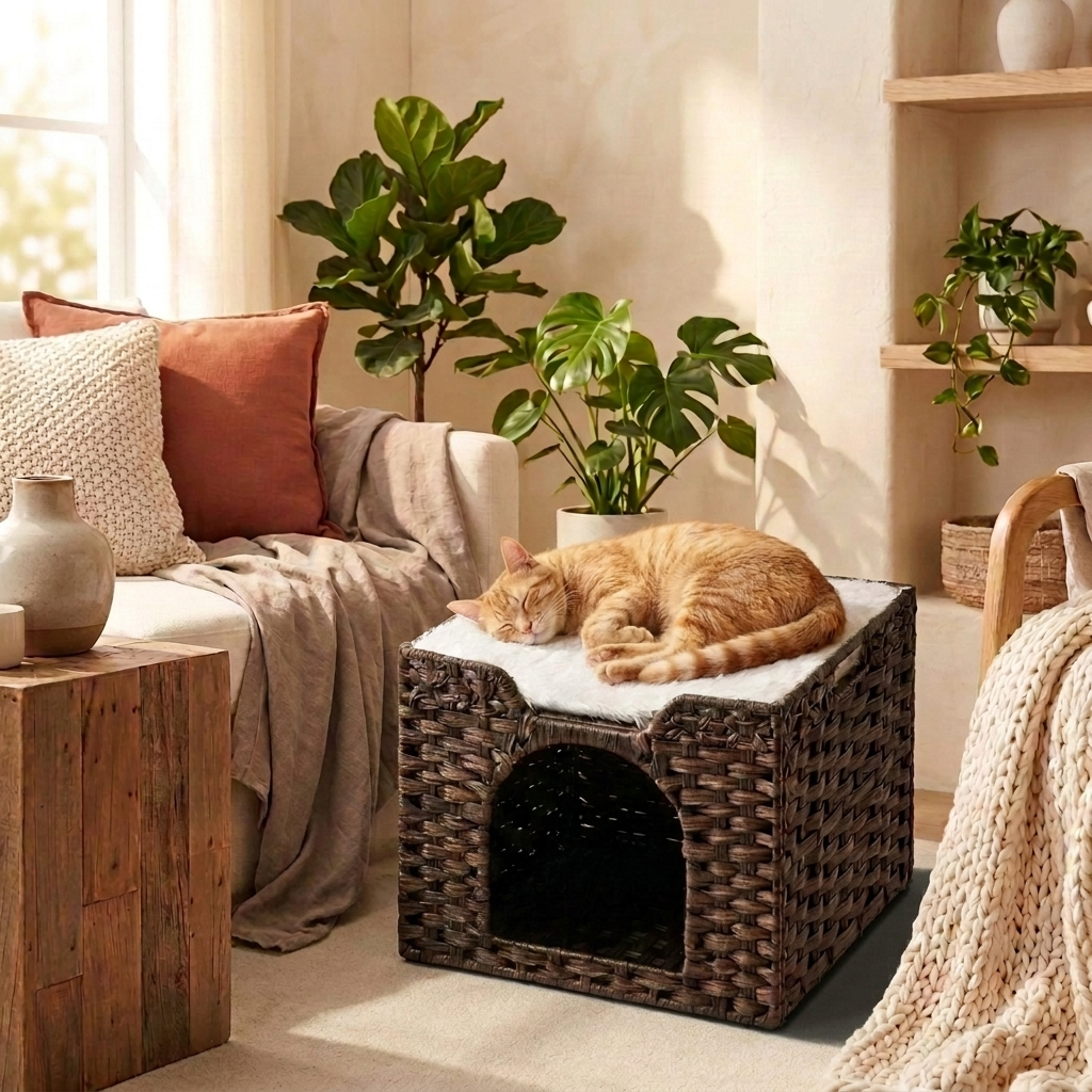 The Rattan Hideaway with the orange tabby asleep peacefully on the top level, grounded shadows