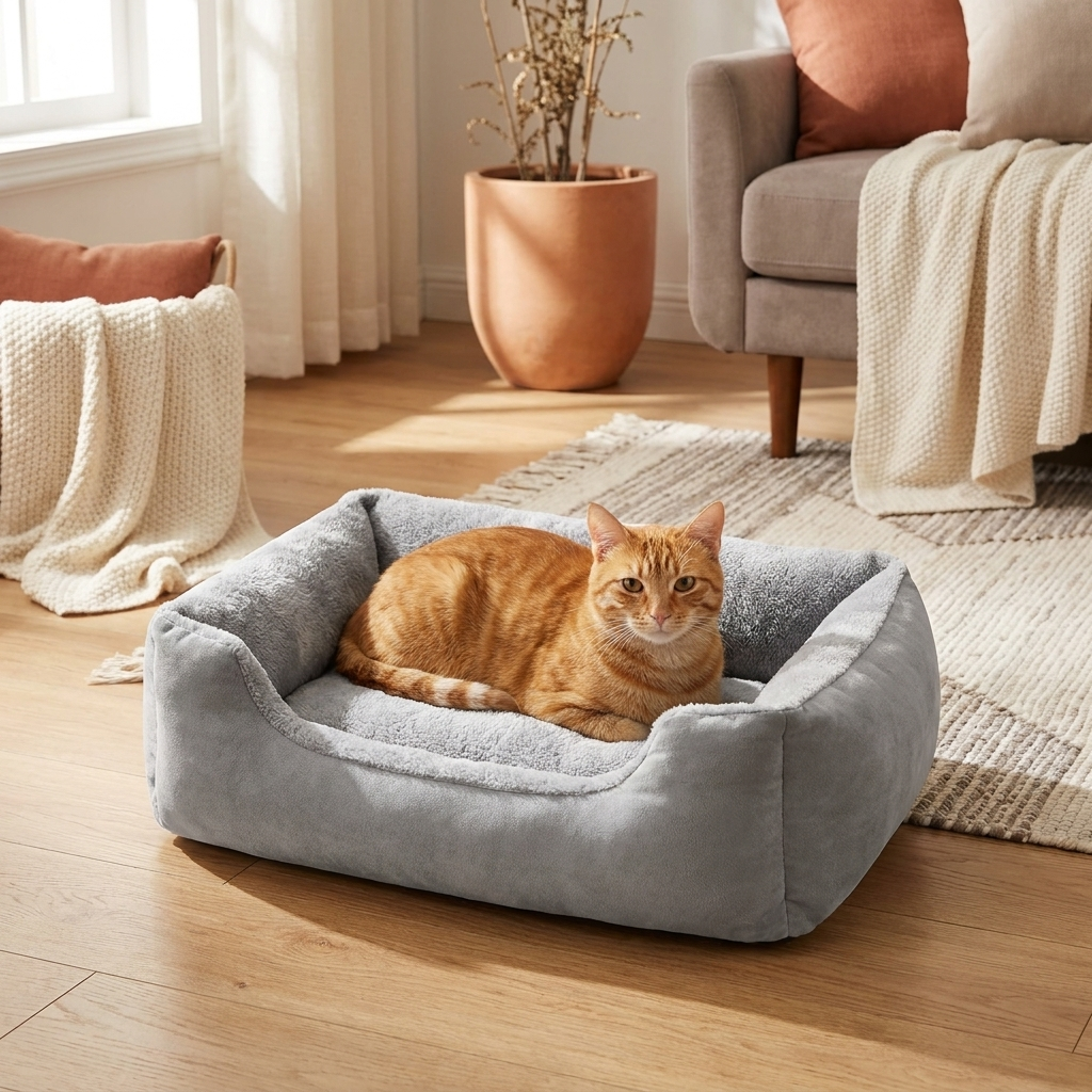 The Everyday Loaf Bed, rectangular gray fleece bed with an orange tabby loafing in a sunlit living room — Loaf & Whisker