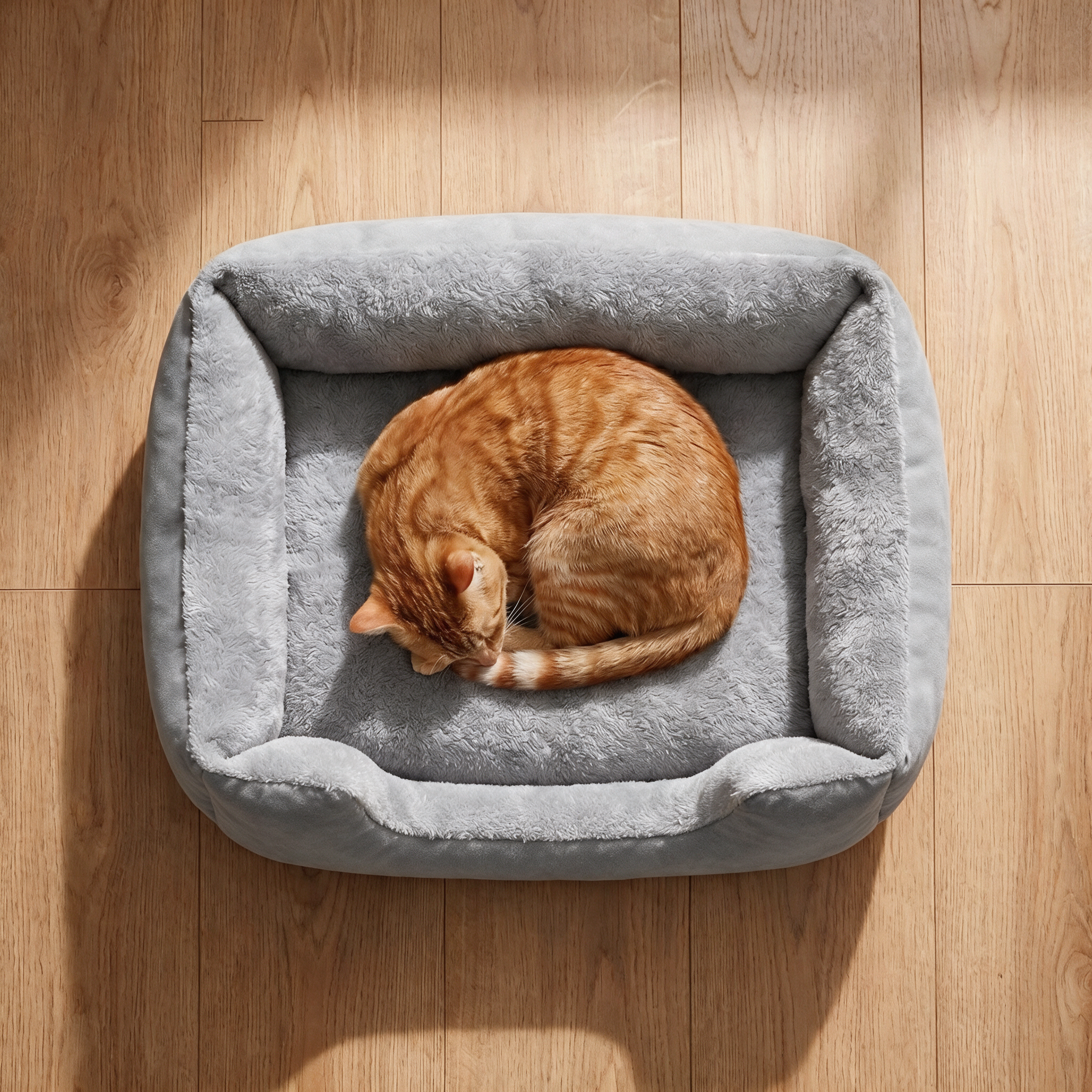 The Everyday Loaf Bed overhead view, orange tabby curled asleep in the rectangular gray bed with U-shaped front entry