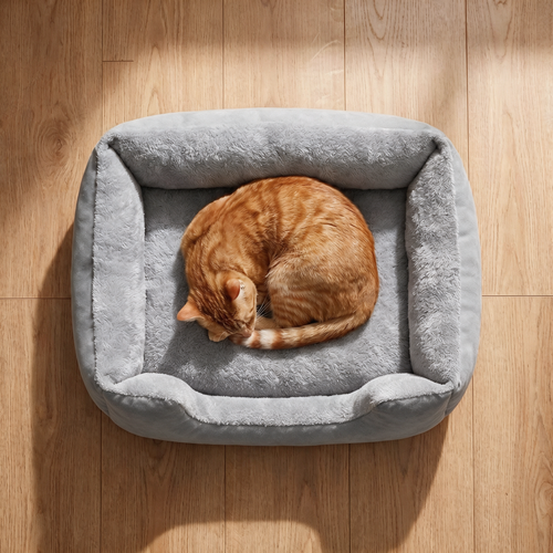 The Everyday Loaf Bed overhead view, orange tabby curled asleep in the rectangular gray bed with U-shaped front entry